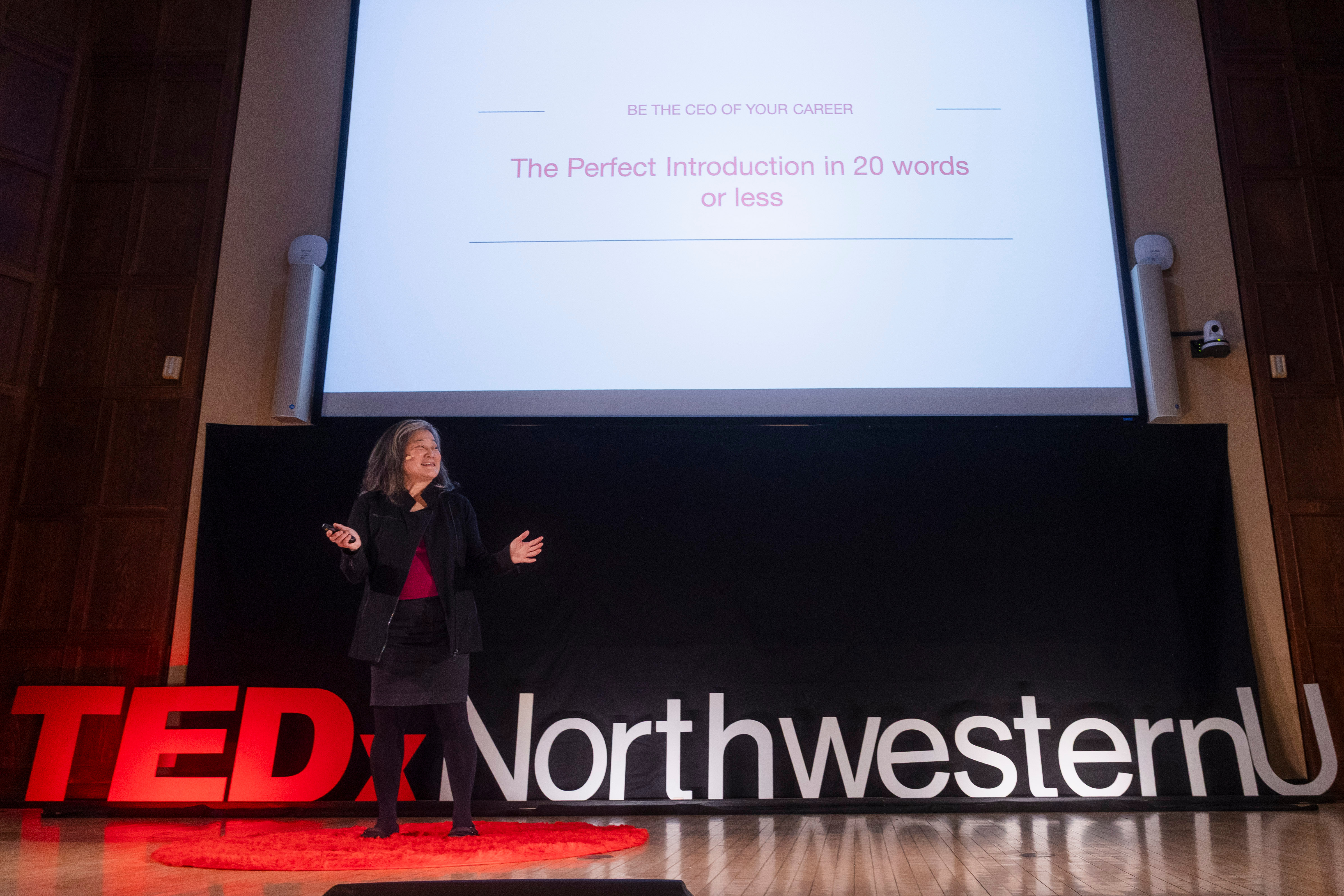 Rebecca Okamoto on the Norwestern TEDx Stage April 2025