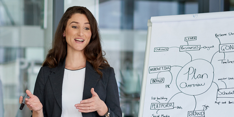 picture of professional woman leading a meeting in front of a chart pad
